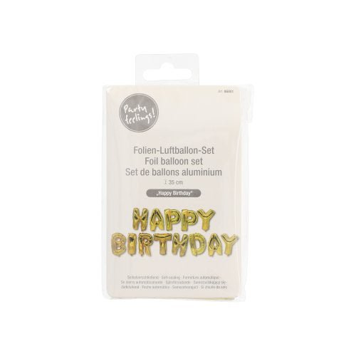 Folioilmapallosetti "Happy Birthday" PAPSTAR GmbH:ltä on suljettu kultaisilla kirjainpalloilla, monikielisellä pakkauksella ja läpinäkyvällä koukulla – ihanteellinen jokaiseen syntymäpäiväjuhlaan.