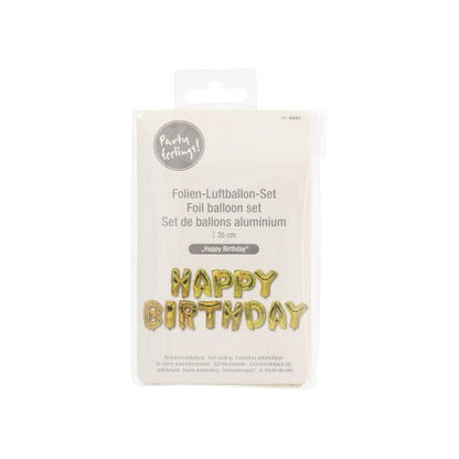 Folioilmapallosetti "Happy Birthday" PAPSTAR GmbH:ltä on suljettu kultaisilla kirjainpalloilla, monikielisellä pakkauksella ja läpinäkyvällä koukulla – ihanteellinen jokaiseen syntymäpäiväjuhlaan.