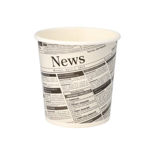 Starpak 50 välipalakuppi "To Go" tukevasta kartongista (470ml, Ø 9,9cm) sanomalehtimuotoilulla mustilla otsikoilla valkoisella taustalla esitetään tyhjänä valkoisella taustalla.