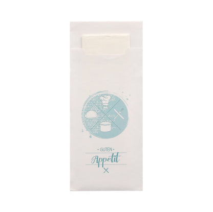 520 aterintaskua (20 x 8,5 cm) PAPSTAR GmbH:lta toimitetaan sopivalla 2-kerroksisella lautasliinalla (33 x 33 cm). Valkoisessa kuoressa on vaaleansininen, ympyränmuotoinen kuvio ruoalla ja aterimilla sekä teksti „Guten Appetit“, ja lautasliina on osittain näkyvissä sisäpuolella.