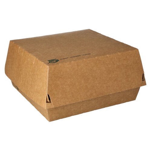 PAPSTAR hampurilaisrasiat ruskeasta kartongista (9x18,5x18,5 cm), "100% Reilu", 25 kappaletta - käytännöllinen ja ympäristöystävällinen PAPSTAR GmbH:ltä - seisovat taittokannella valkoisella taustalla, ihanteellinen mukaan otettavaksi.