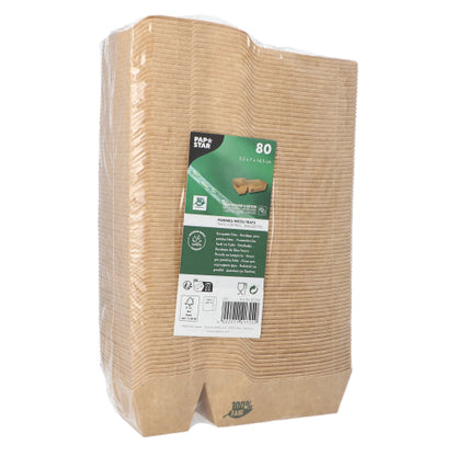 Pino 80 ruskeaa, 2-osainen PAPSTAR "pure" ranskalaislautasta on kääritty kirkkaaseen muoviin; PAPSTAR GmbH:n etiketissä on tuotetietoja, kierrätyssymboleita ja se ilmoittaa, että ne ovat ympäristöystävällisiä ja 100% reiluja.