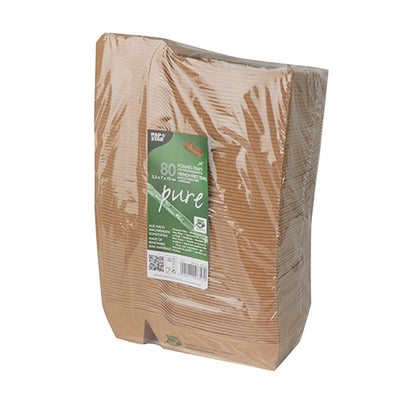 Pino PAPSTAR 80 ranskalaislautasta "pure" (2-osainen, ruskea, 100% Reilu) PAPSTAR GmbH:ltä, pakattu kirkkaaseen muovikääreeseen etiketillä, jossa on tuotetiedot ja ympäristösymbolit.