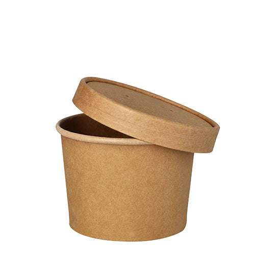 Ruskea, pyöreä PAPSTAR keittokuppi (9,8 cm) keittoihin ja välipaloihin seisoo tyhjänä sopivan kannen kanssa vinosti ylöspäin valkoisella taustalla. Pakkaus 25 kappaletta PAPSTAR GmbH:lta.