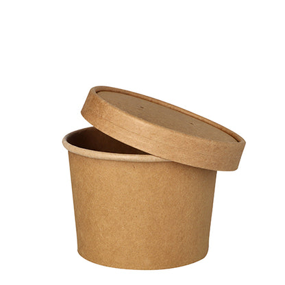 Ruskea, pyöreä PAPSTAR keittokuppi (9,8 cm) keittoihin ja välipaloihin seisoo tyhjänä sopivan kannen kanssa vinosti ylöspäin valkoisella taustalla. Pakkaus 25 kappaletta PAPSTAR GmbH:lta.