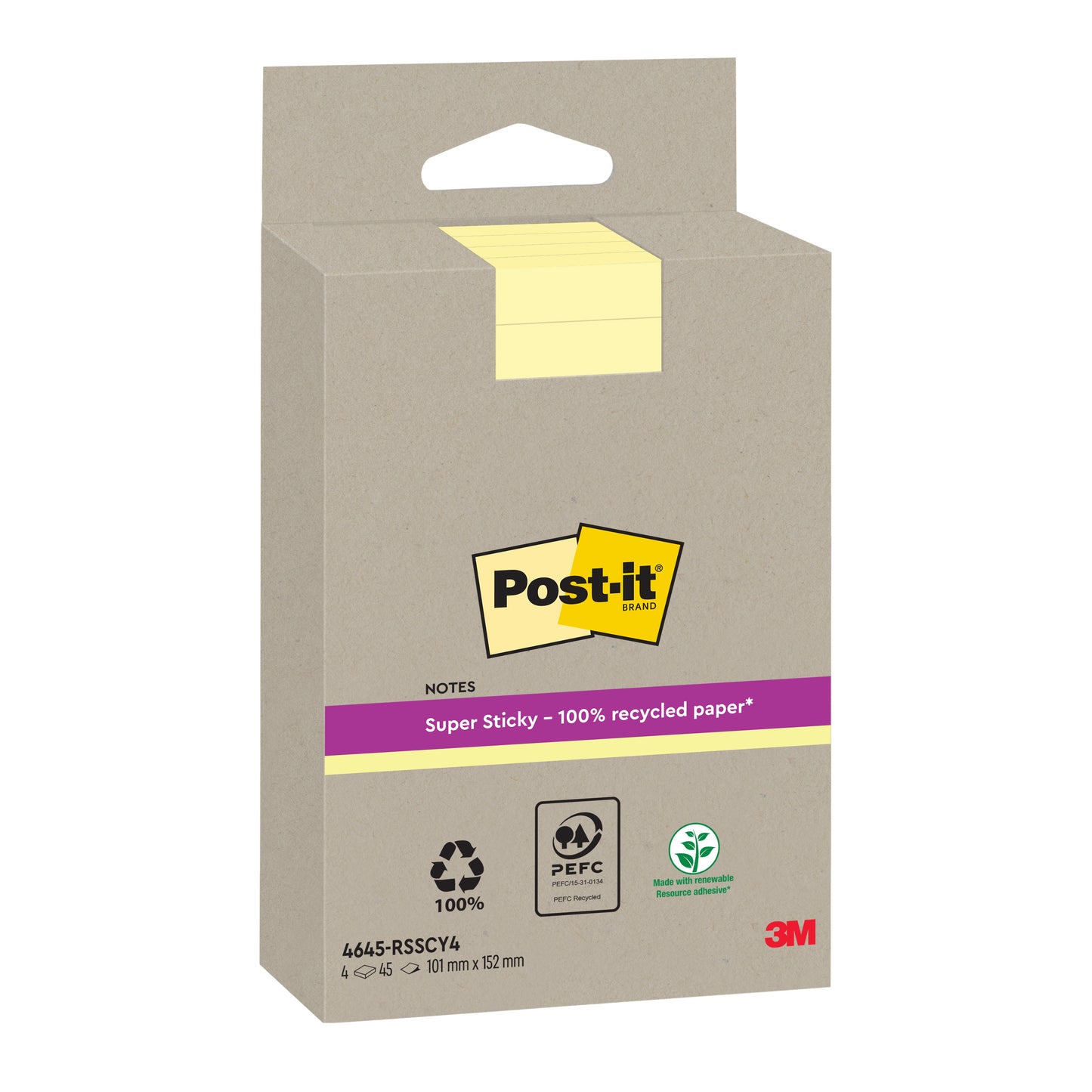 Eine gelbe Packung Post-it® Super Sticky 100% Recycling Notes (102 mm x 152 mm, liniert, 45 Blatt/Block, 4 Blöcke/Packung) der 3M Deutschland GmbH ist mit dem Post-it Logo und Umweltzertifizierungen wie PEFC abgebildet.