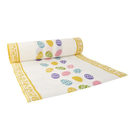 PAPSTAR Pöytäliina (24 m x 40 cm, Airlaid, kankaan kaltainen) PAPSTAR GmbH:ltä on valkoinen keltaisella reunalla ja värikkäillä pääsiäismunakuvioilla – ihanteellinen tyylikkääseen pöytäkoristeluun juhlaviin tilaisuuksiin.