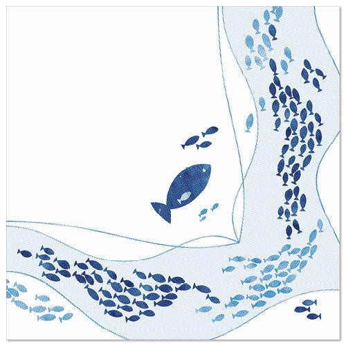 Tyylitelty kuvitus pienistä ja suurista sinisistä kaloista valkoisella koristaa PAPSTAR 50 lautasliinaa "ROYAL Collection" 1/4-taitto 40 x 40 cm design PAPSTAR GmbH:ltä.