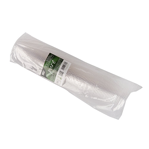 Pakkaus, jossa on 100 "puhdasta" pyöreää kantta (Ø 9,5 cm) PAPSTAR GmbH:ltä kirkkaasta, ympäristöystävällisestä PLA:sta, vihreä-valkoisella etiketillä, jossa on teksti, viivakoodi ja "biologisesti hajoava", läpinäkyvässä pakkauksessa.