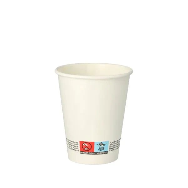 Yksi PAPSTAR GmbH:n 50 juomakuppia, kartonkia 0,2 l kartonkikuppi seisoo tyhjänä ja pystyssä, painettu varoitus lähellä pohjaa valkoisella taustalla.