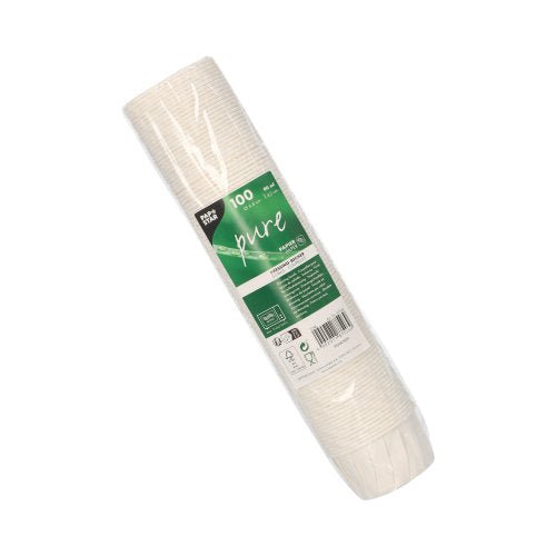 Eine versiegelte Packung mit 100 PAPSTAR Dressingbechern rund, 6,6 cm, weiß, Papier "pure" Becher von PAPSTAR GmbH - ideal zum umweltfreundlichen Servieren; jeder Becher fasst 90 ml und das grün-weiße Etikett zeigt Produktinfos.