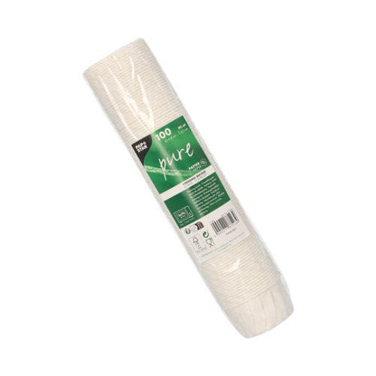 Eine versiegelte Packung mit 100 PAPSTAR Dressingbechern rund, 6,6 cm, weiß, Papier "pure" Becher von PAPSTAR GmbH - ideal zum umweltfreundlichen Servieren; jeder Becher fasst 90 ml und das grün-weiße Etikett zeigt Produktinfos.