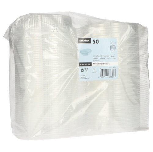 Läpinäkyvässä muovipakkauksessa on 50 Starpak 8-kulmaista läpinäkyvää PP-kertakäyttökulhoa taittokannella. Etiketissä on Starpak-brändi, tuotetiedot ja kierrätystiedot useilla kielillä.