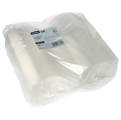 Tiivistetty muovipakkaus, jossa on 50 Starpak-pakkauskulhoa taittokannella, PP, läpinäkyvä, 8-kulmainen, jokainen kulho merkitty määrällä ja tuotetiedoilla.