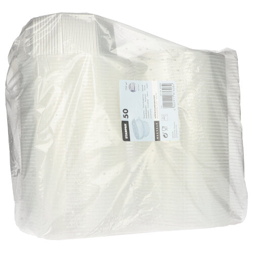 Läpinäkyvä muovipakkaus, jossa on 50 Starpak-pakkauskulhoa taittokannella, 8-kulmainen läpinäkyvä PP-kulho, jossa on suorakulmainen valkoinen etiketti, jossa on tuotetiedot ja viivakoodi.