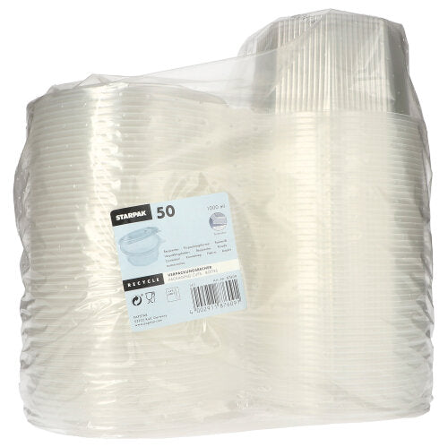 Starpak 50 -pakkauskulhot taittokannella ovat läpinäkyviä, 8-kulmaisia kertakäyttökulhoja PP:stä, pakattuina läpinäkyvään muovisäiliöön, jossa on etiketti, jossa on yksityiskohtaiset tuotetiedot, määrätiedot ja kierrätystiedot.
