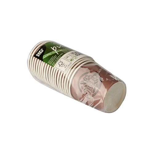 Ein Stapel PAPSTAR Trinkbecher Pappe lila "Pure Joy" (20 Stück, Ø 6 cm) der PAPSTAR GmbH, verpackt in Schrumpffolie mit grün-weißem Etikett. Die lilafarbenen Pappbecher sind fein säuberlich ineinander verschachtelt.