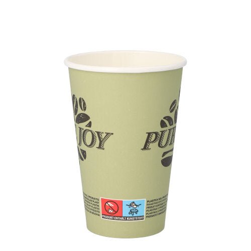 Vaaleanvihreä PAPSTAR GmbH "Pure Joy" pahvinen juomakuppi (halkaisija 8 cm, 11,7 cm korkea, 20 kappaletta) mustalla "ENJOY"-tekstillä, kahvipapukuvioinnilla ja punasinisellä varoitusetiketillä alaosassa, jossa on tietoja muovisisällöstä.
