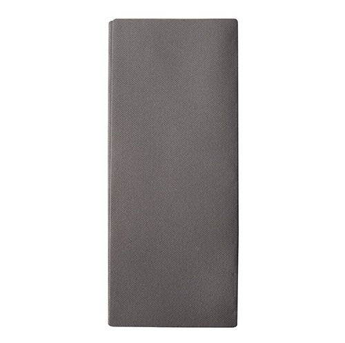 Yksi Starpak „Premium“ antrasiitin värinen lautasliina (40 x 48 cm, Airlaid, kankaan kaltainen, 1/8-taitos) 100 kappaleen taitettavasta laatikosta on siististi taiteltu yksinkertaiselle valkoiselle alustalle.
