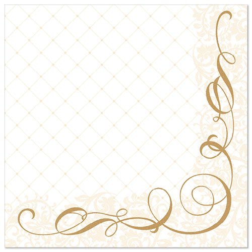 Die PAPSTAR GmbH 50 Servietten "ROYAL Collection" ovat valkoisia, 40 x 40 cm suuruisia paperiserviettejä, joissa on hienovarainen vinoneliökuvio ja tyylikkäitä kultaisia kukkakiehkuroita oikeassa alakulmassa.