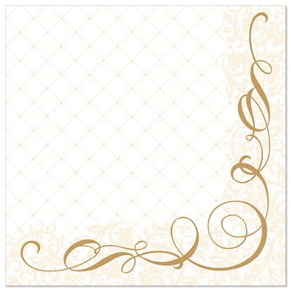 Die PAPSTAR GmbH 50 Servietten "ROYAL Collection" ovat valkoisia, 40 x 40 cm suuruisia paperiserviettejä, joissa on hienovarainen vinoneliökuvio ja tyylikkäitä kultaisia kukkakiehkuroita oikeassa alakulmassa.
