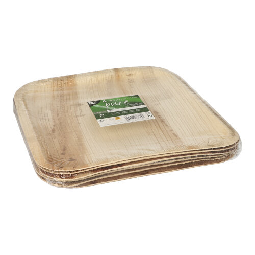 Pino neliömäisiä PAPSTAR 6 lautasta, palmunlehti "pure" nelikulmainen PAPSTAR GmbH:lta, pakattuna läpinäkyvään muovipakkaukseen, jonka päällä on vihreä-valkoinen etiketti.