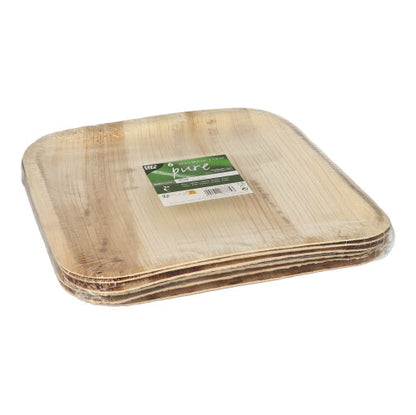 Pino neliömäisiä PAPSTAR 6 lautasta, palmunlehti "pure" nelikulmainen PAPSTAR GmbH:lta, pakattuna läpinäkyvään muovipakkaukseen, jonka päällä on vihreä-valkoinen etiketti.