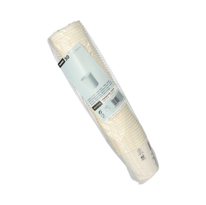 Kutistekalvo, jossa on 50 valkoista Starpak kylmien juomien pahvimukia (0,1 l, Ø 6,25 cm, 6,3 cm), merkitty tuotetiedoilla – ihanteellinen juhliin ja tapahtumiin yksinkertaisella valkoisella taustalla.