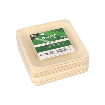 Pino 50 neliönmuotoista, vaaleaa PAPSTAR puusta valmistettua sormiruokalautasta "pure" pyöristetyillä reunoilla. Ylin lautanen kantaa vihreä-valkoista etikettiä, jossa on tuotetietoja, mukaan lukien "pure" ja "freshwood-lautanen". Merkki: PAPSTAR GmbH.