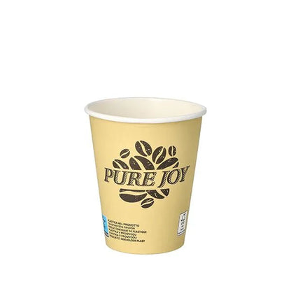 PAPSTAR 50 juomakuppia, kartonkia 0,2 l PAPSTAR GmbH:ltä on beige kertakäyttöinen kartonkikuppi, jossa on teksti "Pure Joy" ja kahvipavun grafiikka valkoisella taustalla.