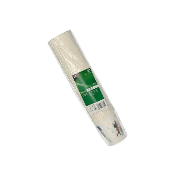 Muovipakattu pino 50 valkoista PAPSTAR 0,2 l kertakäyttöistä kartonkikuppia PAPSTAR GmbH:ltä, osittain pienellä painatuksella - ihanteellinen käytännöllisiksi juhlakuppeiksi tai tapahtumiin.