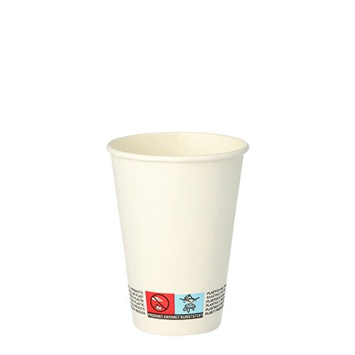Yksinkertainen valkoinen Starpak „To Go“-pahvimuki (0,18 l, Ø 7 cm, 9,2 cm) varoitustekstillä alareunassa on kuvattu valkoisella taustalla. Pakkaus sisältää 50 mukia.