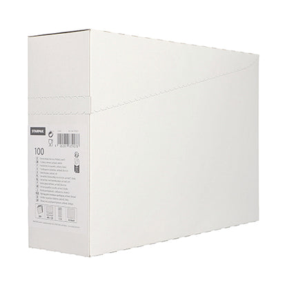 Eine schlichte, weiße, rechteckige Starpak-Box mit einem Seitenetikett mit Produktdetails und Barcodes, ideal für Restaurants zur Aufbewahrung von 100 Starpak-Bestecktaschen, Airlaid 40 cm x 33 cm mit Besteckfalz. Minimaler Text und kein sichtbares Branding auf der größeren Seite.