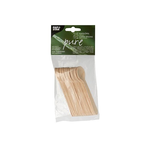Kirkas muovipussi, jossa on 25 PAPSTAR puista kahvilusikkaa "pure", 11 cm, ympäristöystävällinen PAPSTAR GmbH:lta. Vihreä-valkoinen yläetiketti antaa monikielistä tietoa tuotteesta.