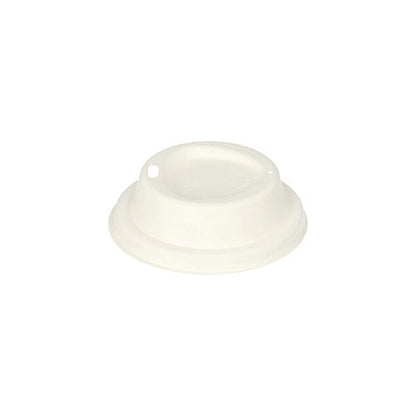 Valkoinen, ympäristöystävällinen PAPSTAR 50 kupolinkansi sokeriruoko "pure" (pyöreä, 2,5 cm korkea) PAPSTAR GmbH:lta, esittelee upotetun keskuksen ja kaksi pientä aukkoa yksinkertaisella valkoisella taustalla.