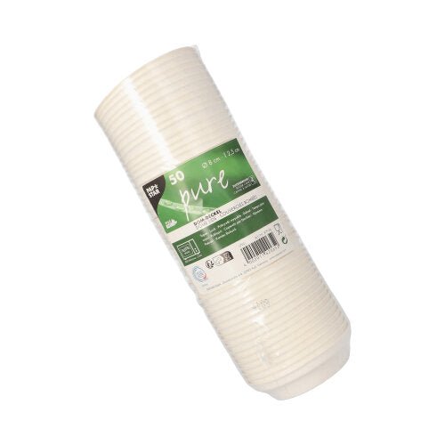 Pino 50 valkoista PAPSTAR "pure" pyöreää kantta (2,5 cm korkea) ympäristöystävällisestä sokeriruokosta, vihreä-valkoisella tuotetarralla, joka sisältää viivakoodin. Ihanteellinen ravintola-alalle. Merkki: PAPSTAR GmbH.