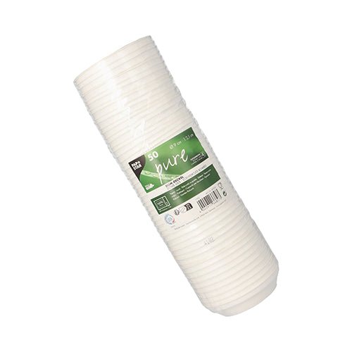 Pino 50 valkoista, pyöreää PAPSTAR sokeriruokokantta "pure" (2,5 cm korkea) PAPSTAR GmbH:lta, pakattu kirkkaaseen muovikääreeseen, jossa on vihreä etiketti tuotetietoineen.