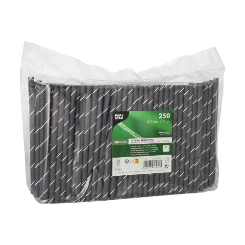 Eine Klarsichtverpackung der PAPSTAR GmbH enthält 250 Cocktail-Papierstrohhalme Ø7mm, 15cm, schwarz/weiß „Streifen“. Das grün-weiße Etikett zeigt Produktdetails, Icons und die FSC®-Zertifizierung.