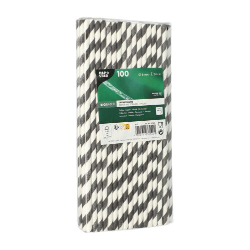 Eine rechteckige Packung mit 100 PAPSTAR 6 mm Papierstrohhalmen der PAPSTAR GmbH steht aufrecht und trägt ein grün-weißes Etikett mit Produktangaben und Barcode. Diese umweltfreundlichen Strohhalme sind biologisch abbaubar und nachhaltig.