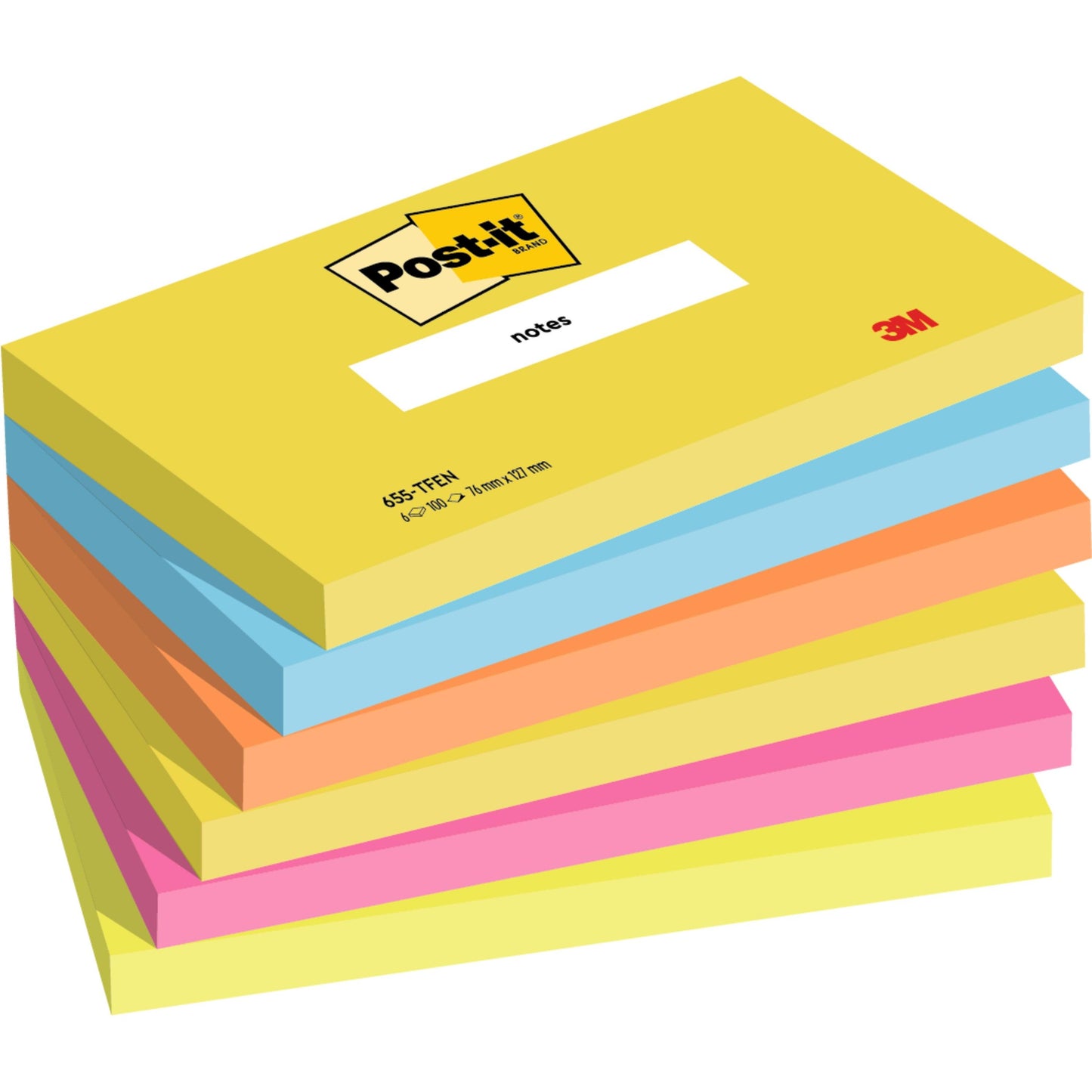 Pino kuusi suorakulmaista Post-it® Notes -muistilappua, Energetic Collection (76 mm x 127 mm, 100 arkkia/lohko), 3M Deutschland GmbH:ltä. Sisältää eri värejä ja näyttää Post-it- ja 3M-logot päällimmäisessä lohkossa. 100% PEFC-sertifioitu.