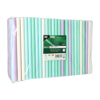 PAPSTAR GmbH:n kirkas muovipakkaus sisältää 200 PAPSTAR Bubble Tea -paperipilliä (Ø 12 mm, 20 cm), värikkäästi lajiteltuna. Etiketissä on ympäristöystävällisiä ikoneja - ihanteellinen Bubble Tea -faneille.