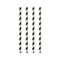 Vier PAPSTAR GmbH Papiertrinkhalme, aus dem Set „25 Trinkhalme, Ø 6 mm · 20 cm schwarz/weiß Streifen“, sind mit Streifenmuster vertikal und gleichmäßig auf weißem Hintergrund angeordnet.