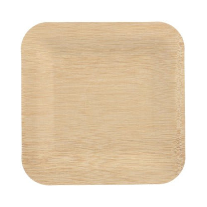 Der PAPSTAR 10 lautanen, bambu "pure" kulmikas der PAPSTAR GmbH on neliönmuotoinen, kevyt lautanen, jossa on pyöristetyt kulmat. Kuvattu ylhäältä valkoisella pohjalla, tämä ympäristöystävällinen ja biohajoava lautanen on kestävä valinta jokaiseen pöytäkoristeluun.