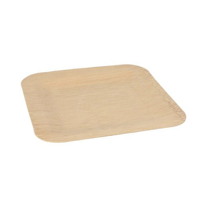 Der PAPSTAR 10 lautanen, bambu "pure" kulmikas der PAPSTAR GmbH on neliönmuotoinen, vaalea lautanen, jossa on pyöristetyt kulmat, joka korostaa ympäristöystävällisiä ja biohajoavia ominaisuuksiaan yksinkertaisella valkoisella taustalla.
