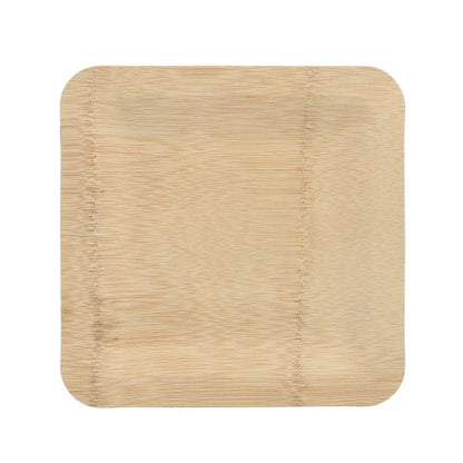 Der PAPSTAR 10 lautanen, bambu "pure" kulmikas der PAPSTAR GmbH on neliönmuotoinen, ympäristöystävällinen bambulautanen, jossa on pehmeästi pyöristetyt kulmat ja näkyvä luonnollinen syykuvio valkoisella taustalla.