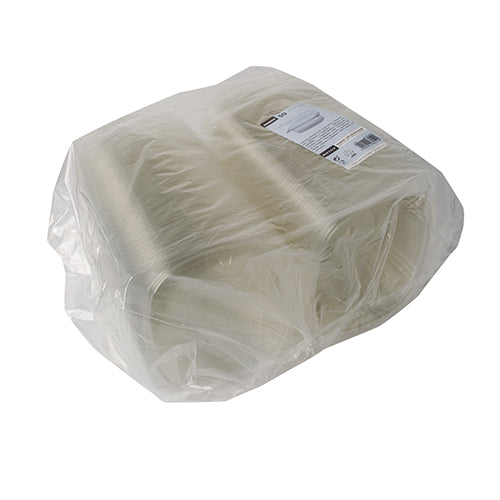 Ein großer Stapel Starpak 50 Feinkost- und Salatschalen mit Klappdeckel, R-PET glasklar oval, verpackt in Klarsichtfolie mit weißem Etikett oben.