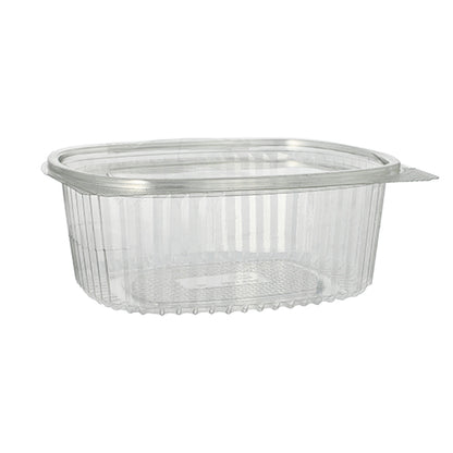 Die Starpak 50 Feinkost- und Salatschalen mit Klappdeckel, R-PET glasklar oval, sind umweltfreundliche, transparente Kunststoffbehälter, ideal für Salate und Feinkost – perfekt für eine nachhaltige Verpackung.