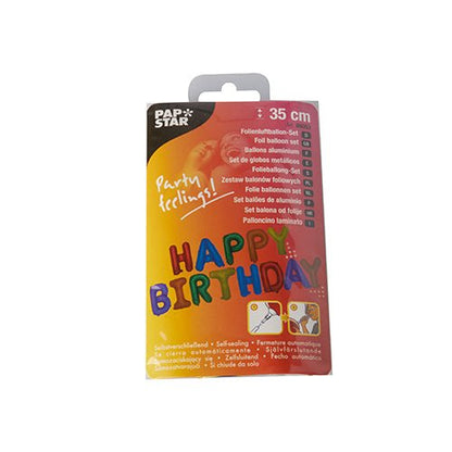 PAPSTAR folioilmapallosetti "Happy Birthday" PAPSTAR GmbH:ltä koostuu 35 cm kokoisesta ilmapallosta ja toimitetaan laatikossa, jossa on värikkäät "HAPPY BIRTHDAY" -tekstit ja monikieliset tuotetiedot valkoisella taustalla – täydellinen jokaiseen syntymäpäiväjuhlaan.