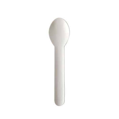 Paperista valmistettu "pure" kahvilusikka (13 cm, valkoinen, ympäristöystävällinen) PAPSTAR GmbH:lta on esitetty valkoisella taustalla. Kestävä lusikka 100 kappaleen taitettavasta laatikosta on keskellä ja ylöspäin suunnattu.