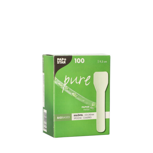 Valkoinen laatikko, jossa on teksti "PAPSTAR Jääkauhan paperi puhtaana" PAPSTAR GmbH:lta sisältää 100 ympäristöystävällistä 9,5 cm:n kokoista paperista jääkauhaa, joiden pakkauksessa korostetaan biologista hajoavuutta ja esitetään valkoisen lusikan kuva.